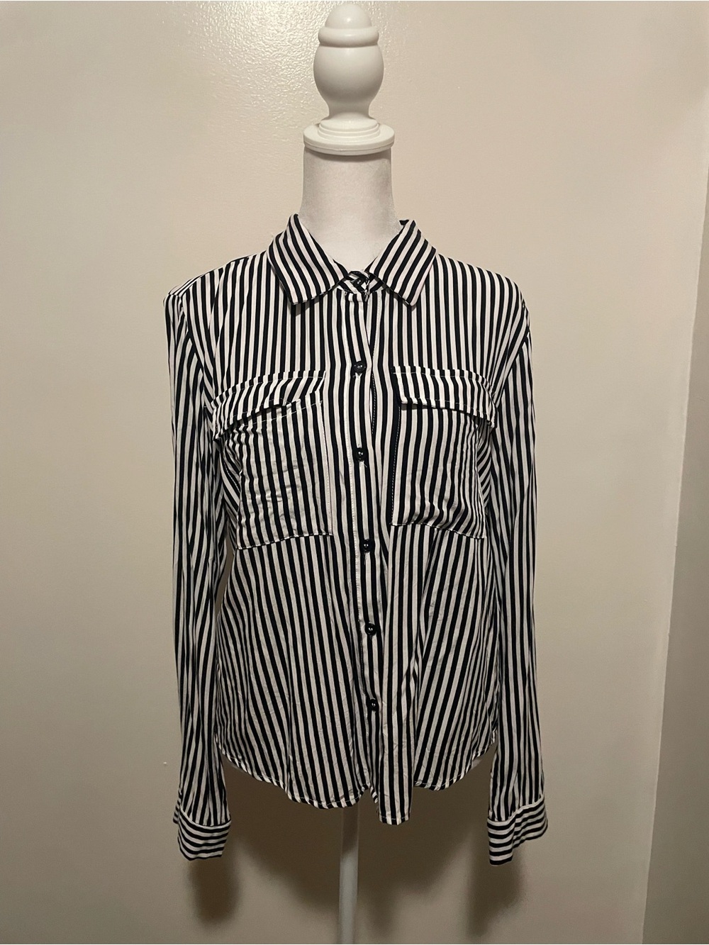 Fashion Nova Black and White Vertical Stripe Button-Down Shirt